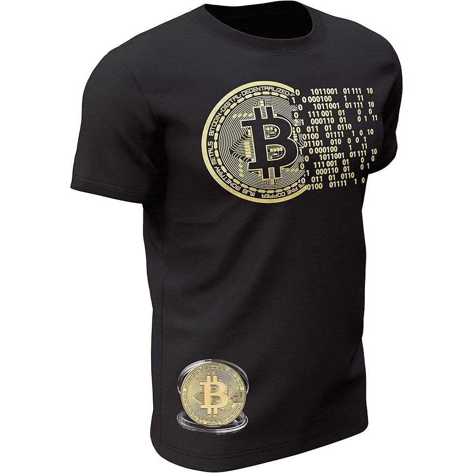 The Golden Bitcoin T-Shirt is a stylish and trendy piece of clothing designed for crypto currency miners and original collectors of Bitcoin coins. Made from high quality material, this t-shirt features a unique and eye-catching design of a golden Bitcoin coin.