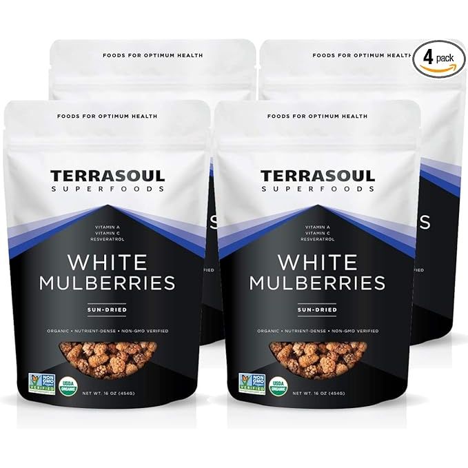 Terrasoul Superfoods Organic Sun-dried White Mulberries come in a convenient pack of 4, each weighing 4 lbs. These mulberries are a sweet superfood snack that can be enjoyed on their own or used as a smoothie booster or nutrient-packed yogurt topping.