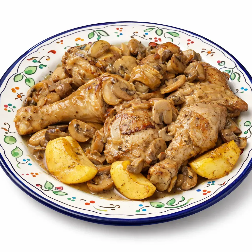 A classic Normandy dish featuring tender chicken cooked in a cider and cream sauce with apples and mushrooms, perfect for family gatherings.