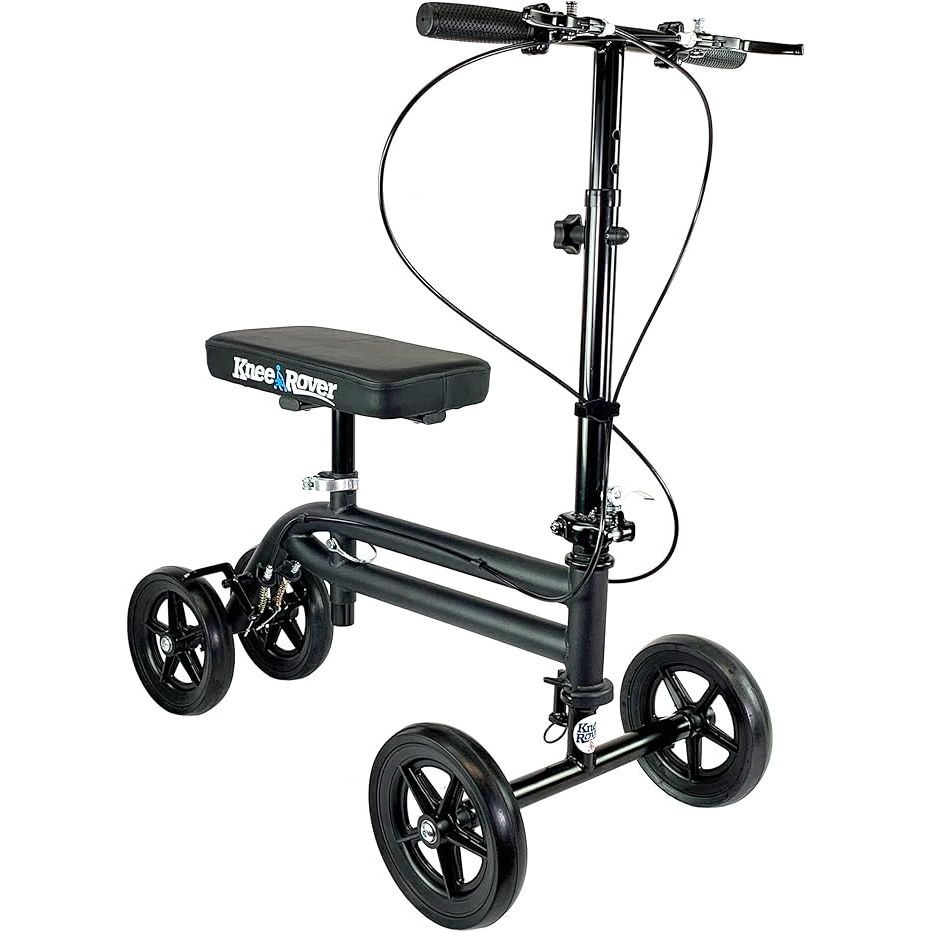 The KneeRover Economy Knee Scooter is a steerable knee walker designed for adults recovering from foot surgery, broken ankles, or foot injuries. It is foldable, making it convenient for storage and transportation. The scooter is equipped with dual brakes, providing extra safety and control for the user.