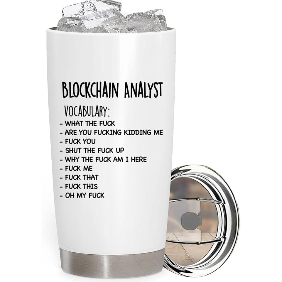 The Vocabulary Funny Blockchain Analyst Gift Tumbler is a unique and humorous gift designed specifically for Blockchain Analysts. The tumbler features fun and clever vocabulary related to blockchain technology, making it a great conversation starter and a practical gift for daily use.