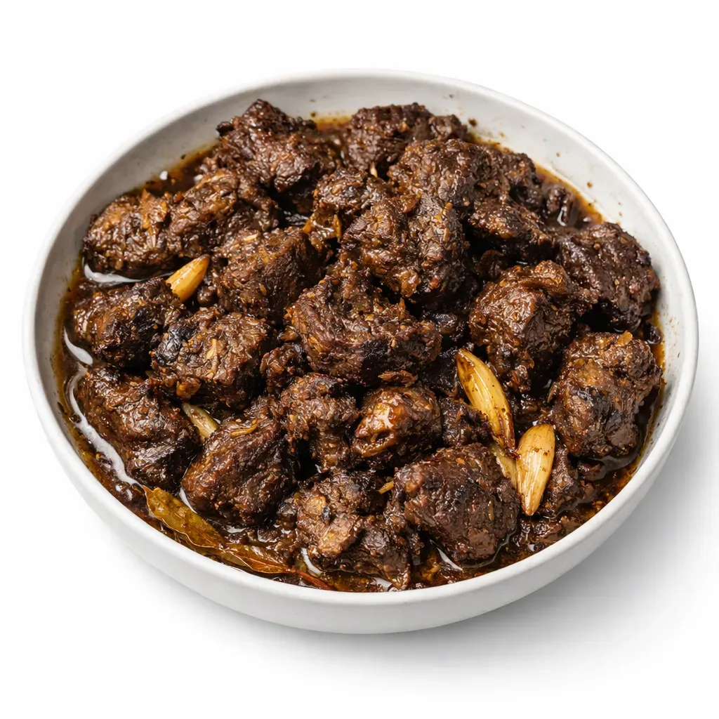 A unique twist on the traditional Filipino adobo dish using musk ox meat, vinegar, and spices, resulting in a flavorful and crispy dish.