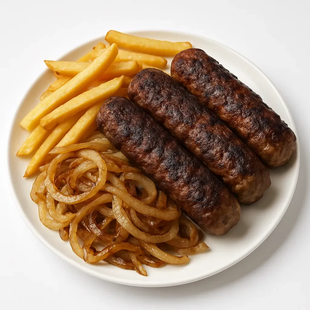 Experience the rich flavors of Bulgarian cuisine with this hearty recipe for Kebapche, savory meat kebabs accompanied by grilled onions and crispy fries, embodying a taste of the Balkans.