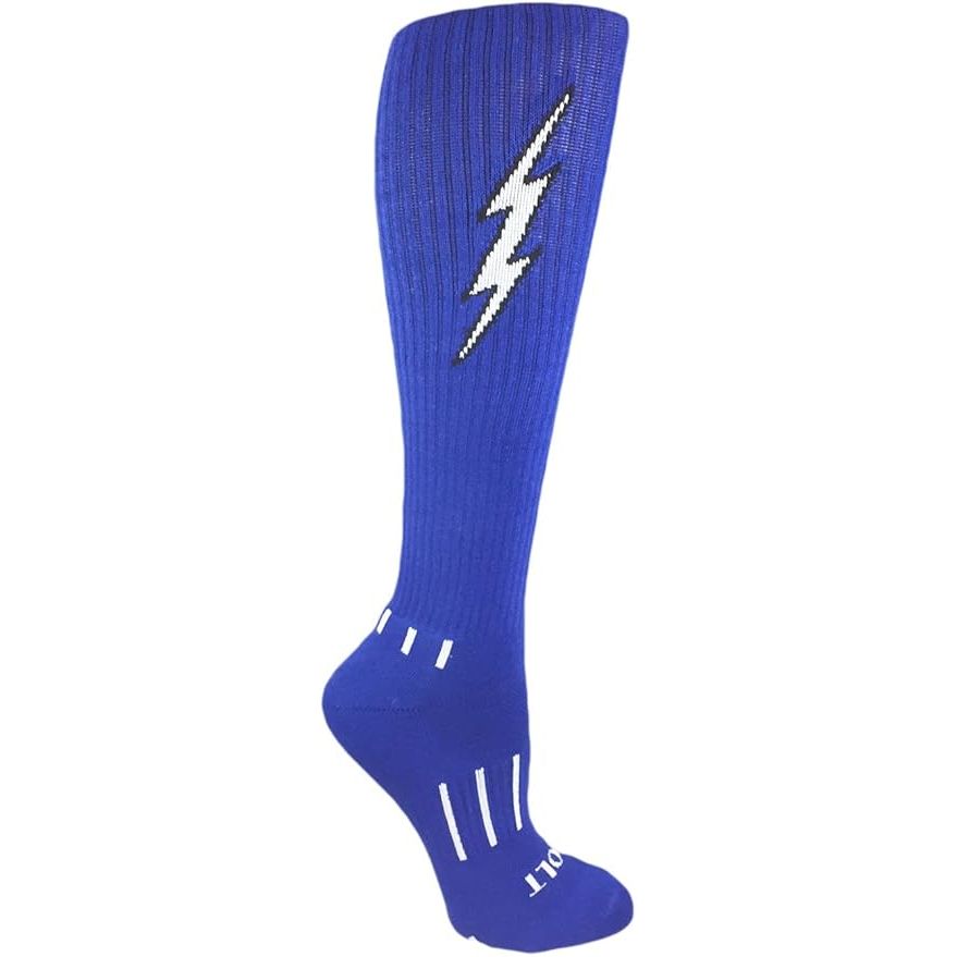 Blue with White Lightning Electric Insane Bolt Knee-High Soccer Socks are a unique and eye-catching choice for soccer players looking to make a statement on the field. These socks feature a bold blue color with a striking white lightning bolt design that runs down the length of the sock.