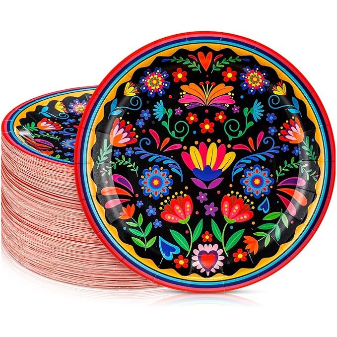 These 100 Pcs Mexican Paper Plates are 7 inches in size, making them perfect for serving food at a Mexican-themed party. The plates feature a vibrant Mandala style design, adding a festive touch to any occasion such as Taco Tuesday or a birthday party.