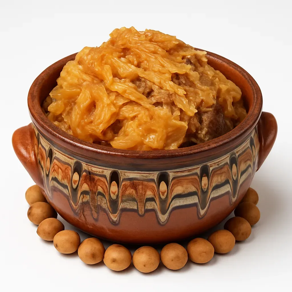 A robust, slow-cooked stew packed with tender meats, tangy sour cabbage, and aromatic spices, prepared uniquely in a clay pot.
