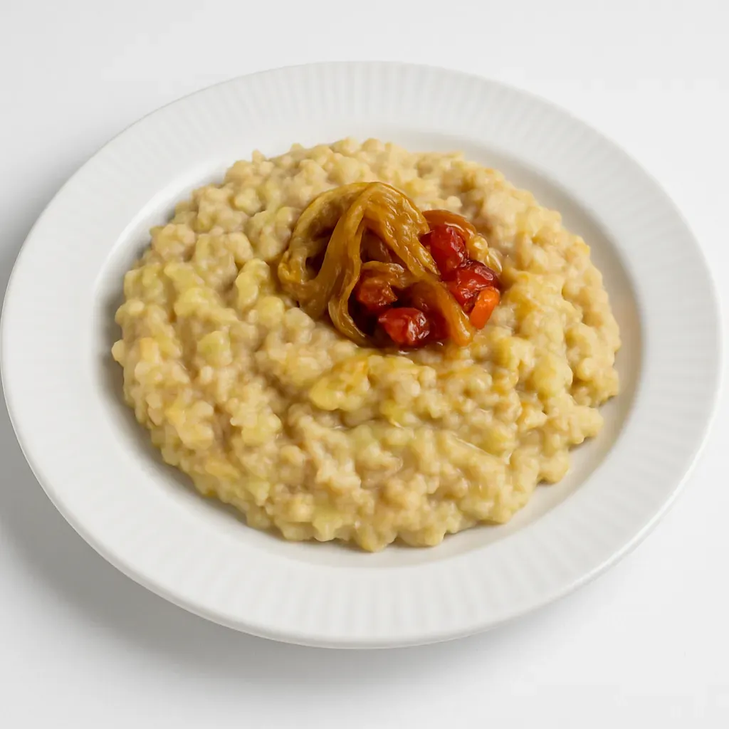 A cherished Estonian dish that combines the rustic flavors of barley groats and potatoes into a comforting porridge, topped with crispy pork fat and sweet onions.