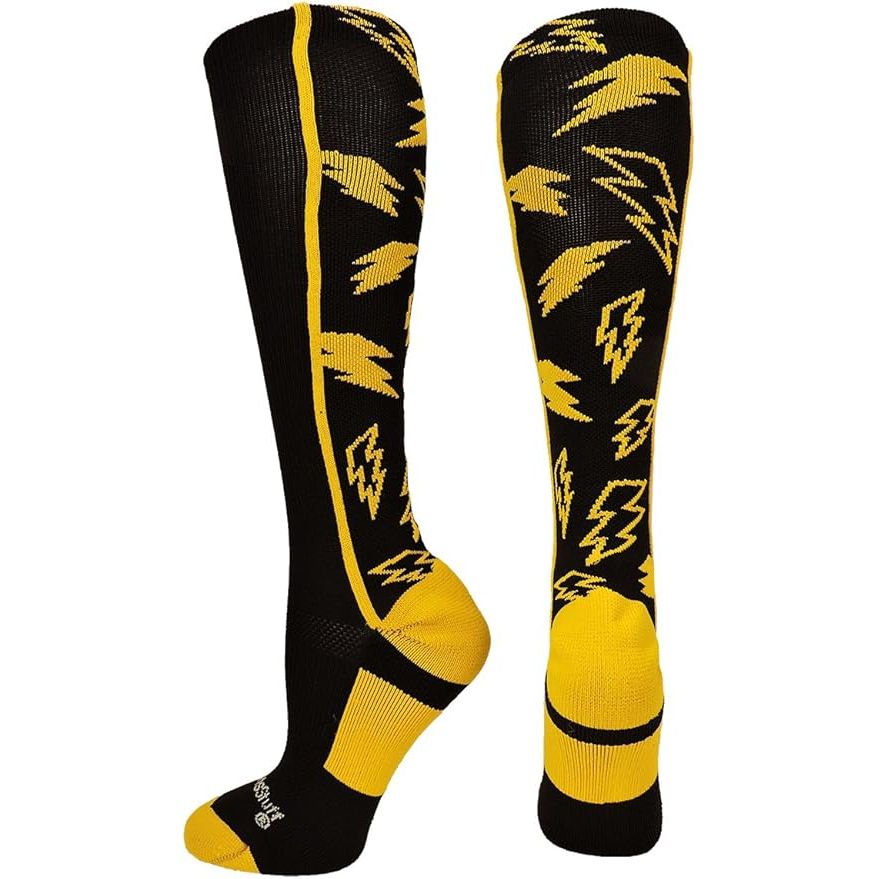 MadSportsStuff offers a wide range of high-quality socks with lightning bolts for various sports such as softball, baseball, and soccer. These socks are designed for boys, girls, men, women, youth, and adults and come in an over-the-calf length for added coverage and support during intense gameplay.