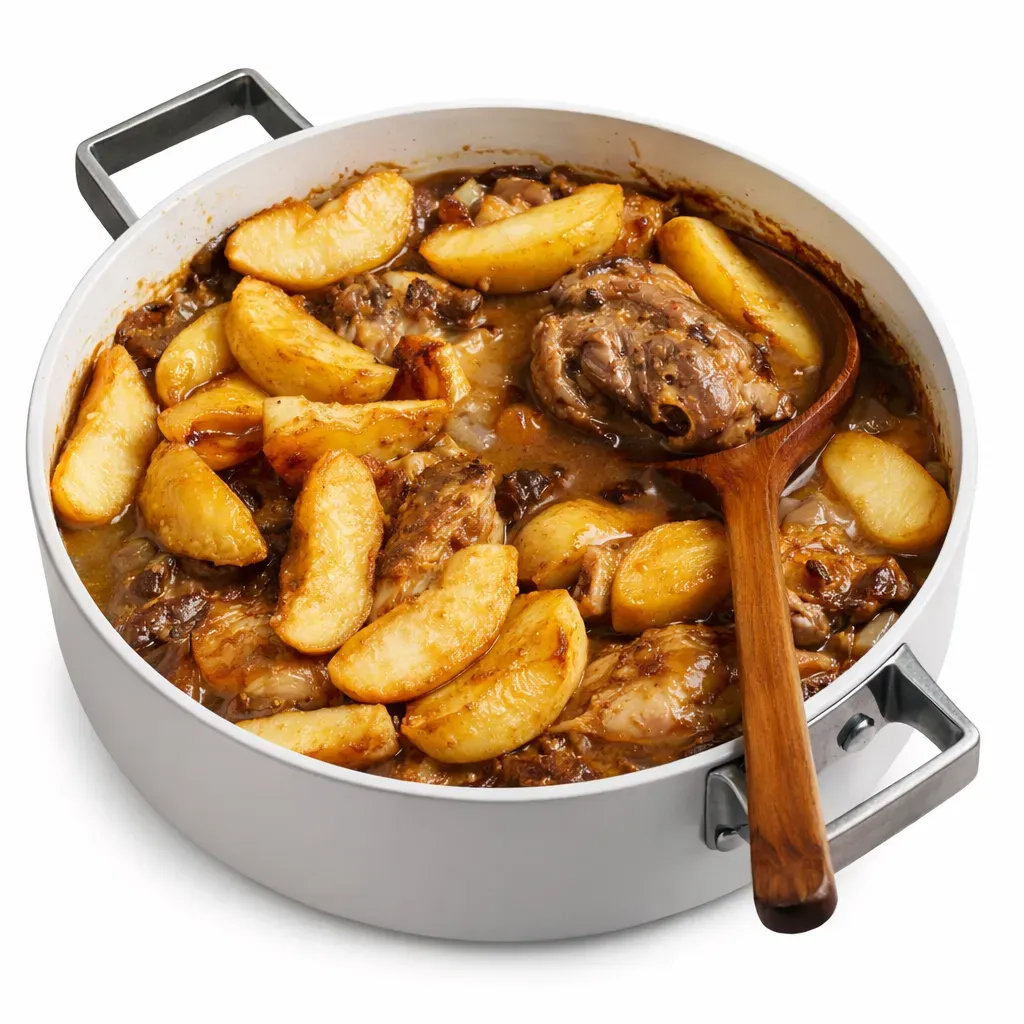 A delicious and hearty French stew featuring rooster pieces braised in cider, with shallots, smoked lardons, and sautéed apples.