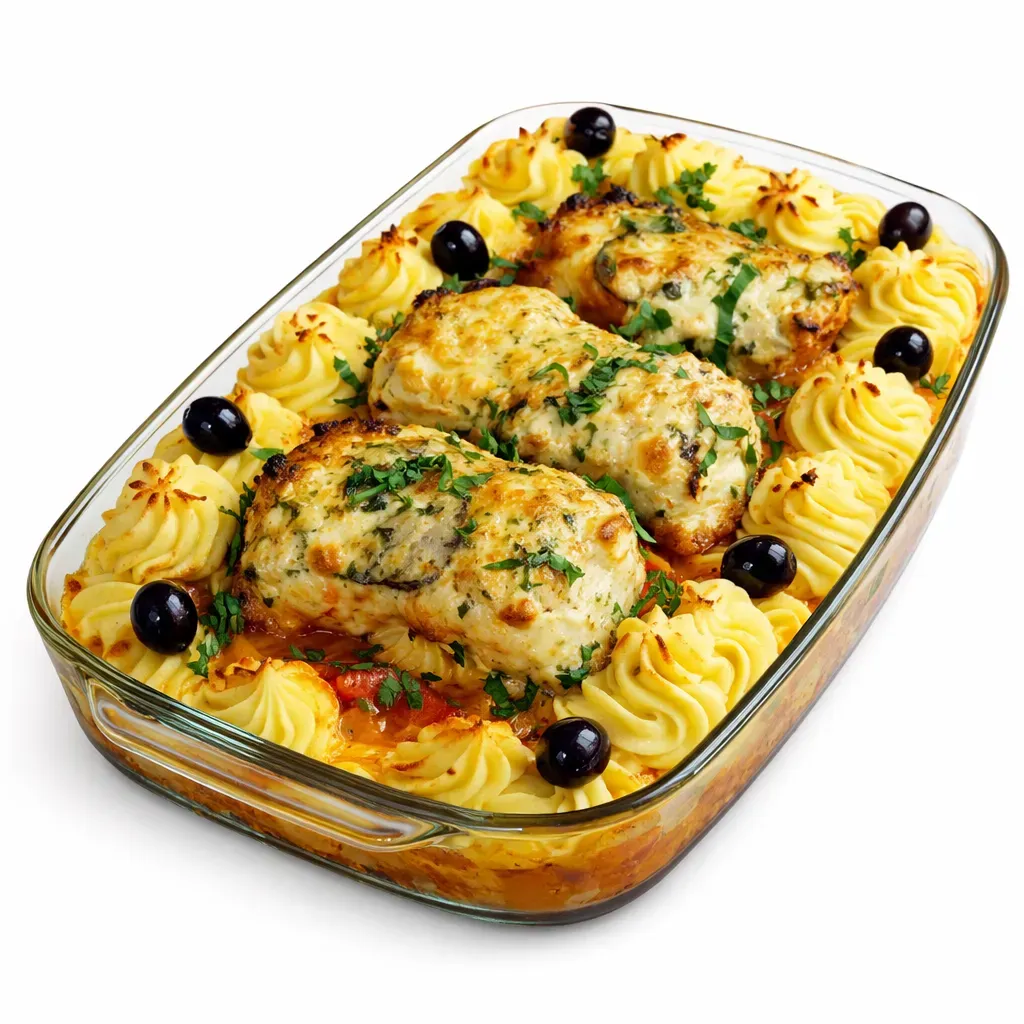 A beloved Portuguese dish featuring salted cod fillets baked with an onion and pepper base, topped with smooth mashed potatoes and a creamy mayonnaise crust.