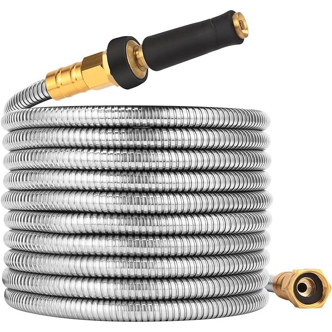 The Expandable Metal Garden Hose 50 FT is made from 304 stainless steel, making it durable and resistant to corrosion. This garden hose is designed to expand to 50 feet in length when filled with water and contract to a compact size for easy storage when not in use.