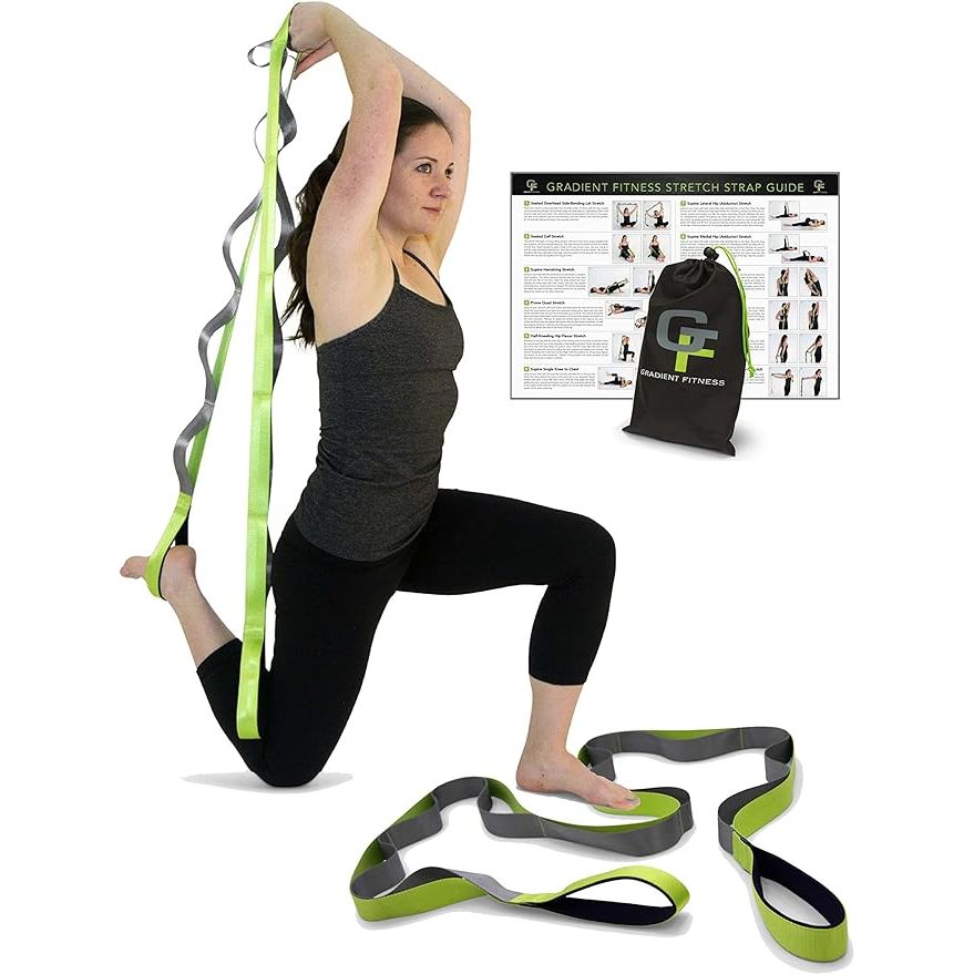 The Gradient Fitness Stretching Strap is a versatile tool designed for physical therapy and stretching exercises. It features 12 multi-loop design that allows for varying levels of stretch and flexibility. The strap is 1.5 inches wide and 8 feet long, providing ample length for a wide range of stretches.