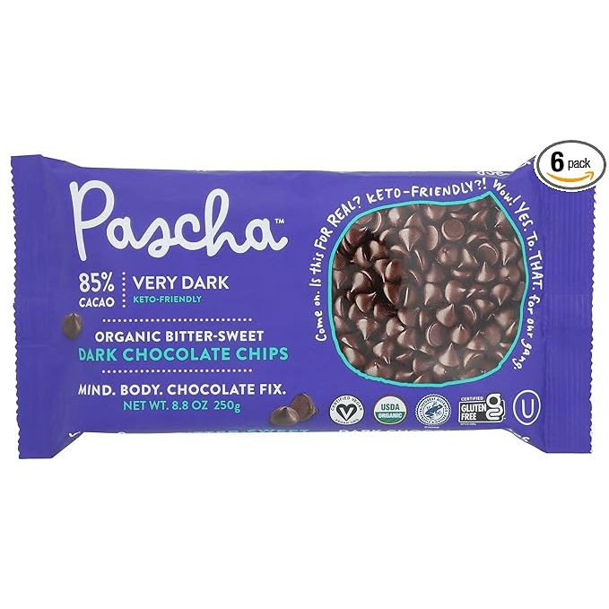 Pascha Organic Bitter Sweet Chocolate Baking Chips are a high-quality baking ingredient made with 85% cacao for a rich and intense chocolate flavor. This product is certified organic, gluten-free, and non-GMO, making it a suitable choice for those with dietary restrictions or preferences. Each pack contains 8.