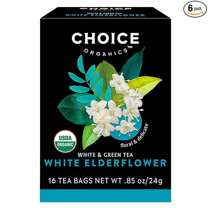 Choice Organic White Elderflower & Green Tea is a premium quality blend of organic white tea with the delicate and aromatic flavor of elderflower. This tea is caffeinated, providing a gentle boost of energy to kickstart your day or keep you going in the afternoon.