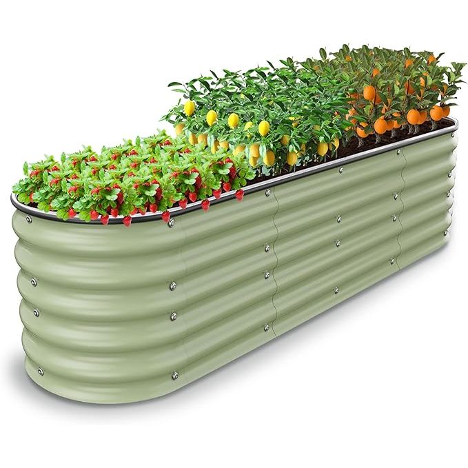 The 8 X 2 X 1.4 Ft Galvanized Raised Garden Bed is a sturdy and easy-to-assemble oval raised planter designed for outdoor gardening. This raised garden bed is made of galvanized steel, making it durable and resistant to rust and corrosion. The dimensions of the bed are 8 feet in length, 2 feet in width, and 1.