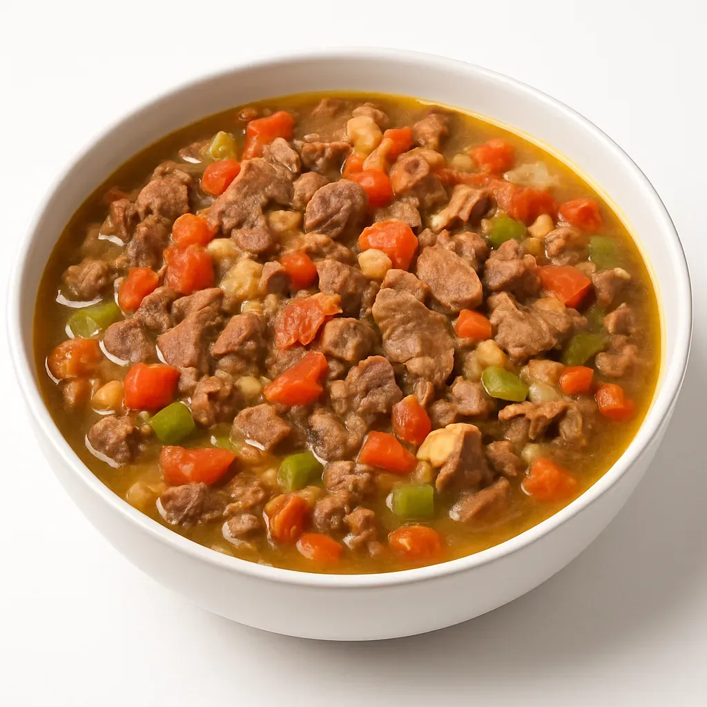 A traditional Northern Mexican stew made with a rich combination of organic pork and beef, seasoned with beer and a variety of vegetables, perfect for serving with homemade corn tortillas.