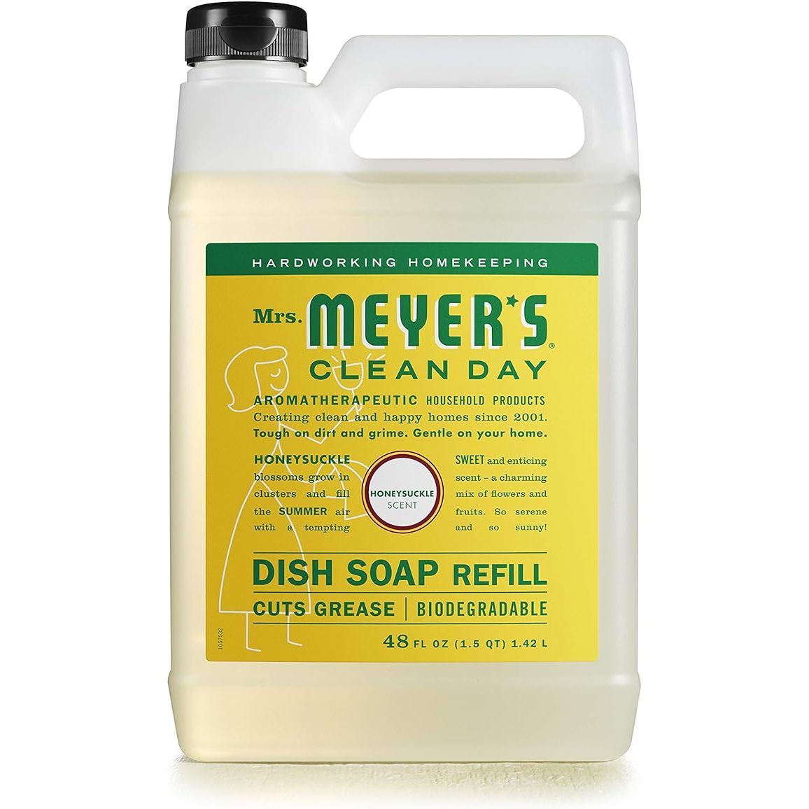 MRS. MEYER'S CLEAN DAY Liquid Dish Soap Refill in Honeysuckle scent is a biodegradable and environmentally-friendly formula that is designed to effectively clean dishes while being gentle on the planet.