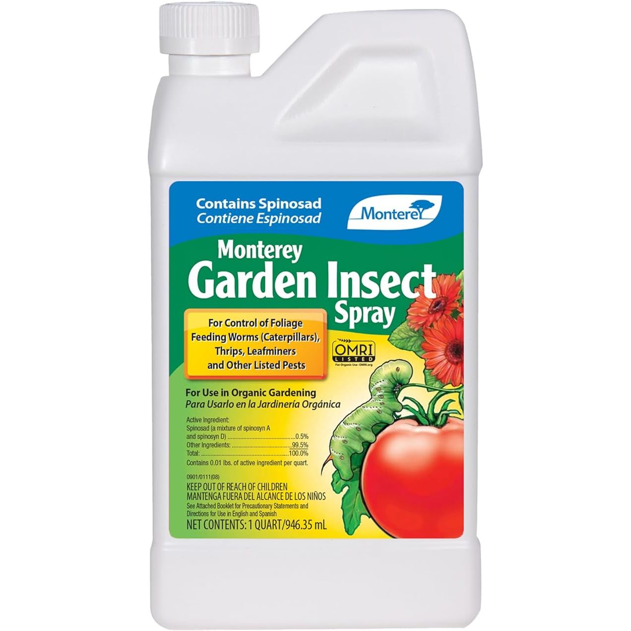 Monterey Spinosad Insecticide is an organic gardening product that is made from a natural substance found in soil bacteria. It is commonly used to control a wide range of insects such as caterpillars, thrips, leafminers, and spider mites.