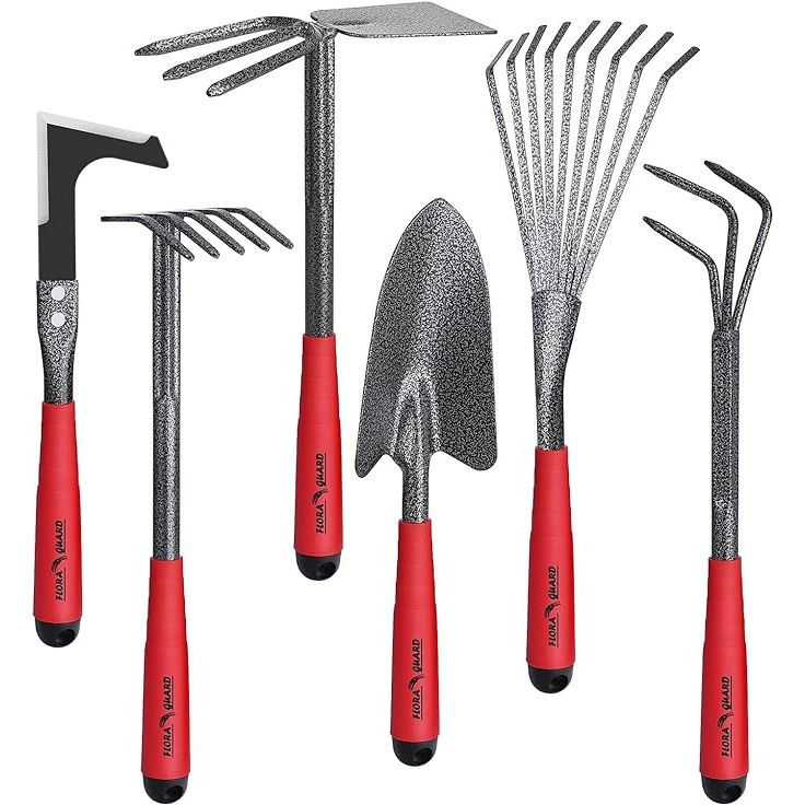 The FLORA GUARD Garden Tools Set is a 6-piece collection of heavy-duty and durable gardening hand tools. These tools are designed for planting and maintaining gardens, specifically for vegetable and medicinal gardens. The set includes a trowel, transplanter, weeder, hand rake, hand fork, and pruning shears.