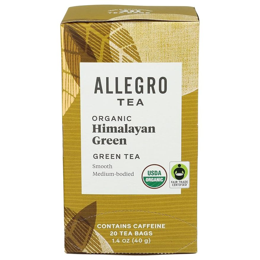 Allegro Tea offers Organic Himalayan Green Tea Bags in a 20-count package. This green tea is sourced from the pristine Himalayan region and is 100% organic, meaning it is grown without the use of synthetic pesticides or fertilizers. The tea bags are made from natural, biodegradable materials, making them eco-friendly.