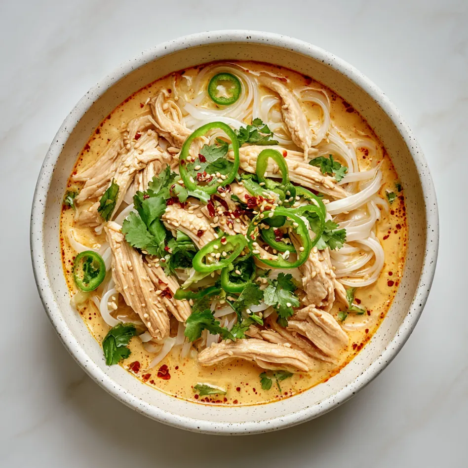 Indulge in a delicious and quick meal bursting with Asian-inspired flavors, marrying the heat of Trader Joe’s Crunchy Chili Onion with creamy coconut milk, succulent chicken, rice noodles, and crisp vegetables.