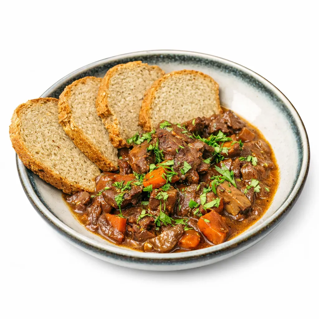 Embark on a culinary journey to Belgium with this sumptuous Gentse Stoverij, a traditional beef stew bursting with rich, complex flavors, paired with rustic homemade sodabread.