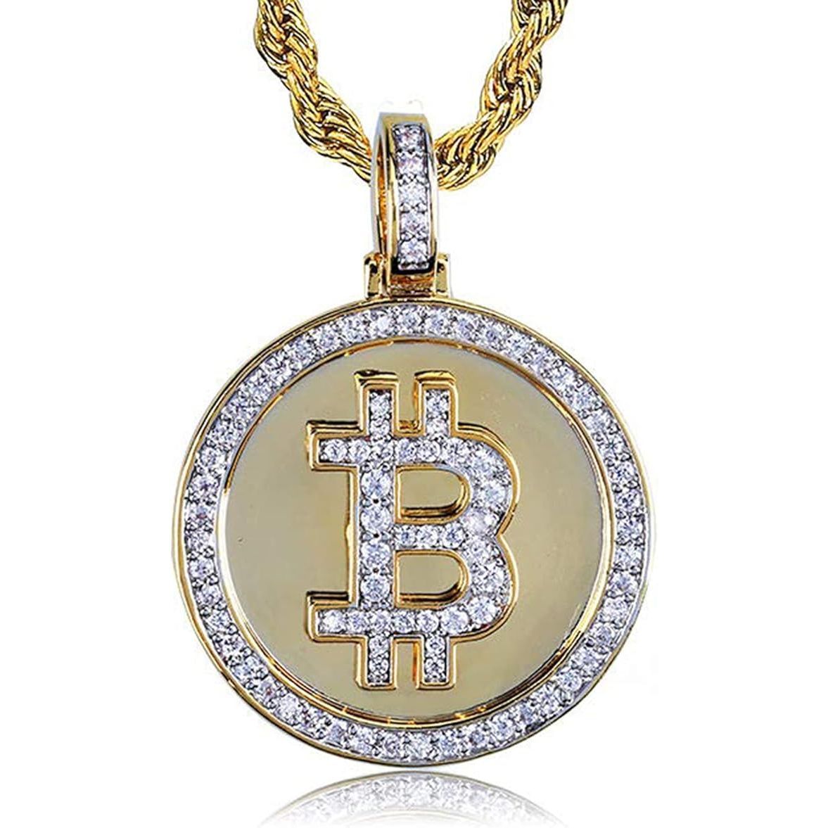 The Iced out CZ Simulated Diamond 14K Gold Plated Bitcoin Cryptocurrency Pendant Necklace with Rope Chain is a stunning piece of jewelry that combines the elegance of a gold-plated pendant with the modern touch of a Bitcoin symbol.