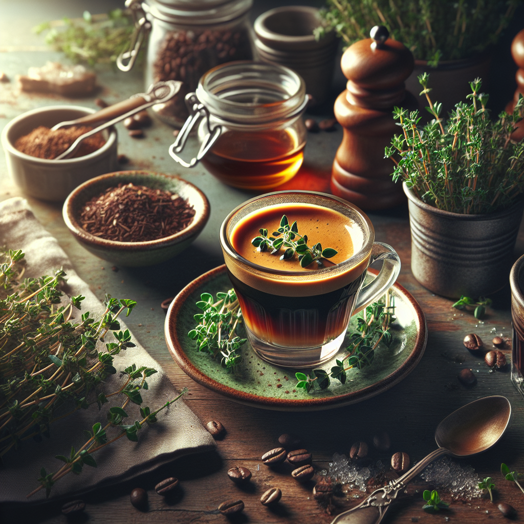 Thyme Espresso is an aromatic and flavor-infused coffee drink that blends the robust taste of espresso with the earthy and slightly floral notes of fresh thyme. The preparation involves brewing a strong espresso shot and infusing it with thyme leaves either during or after brewing.