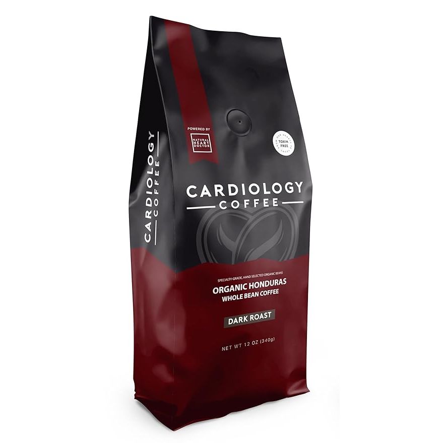 The Cardiology Coffee Heart Healthy Whole Bean Coffee is a dark roast blend sourced from Honduras. It is USDA Organic and Non-GMO, ensuring a high quality and natural product. This coffee has been specifically tested for mycotoxins and pesticides, making it a safe and healthy choice for everyday consumption.