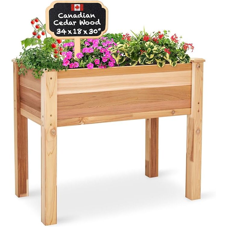 The Jumbl Raised Canadian Cedar Garden Bed is an elevated wood planter designed for growing fresh herbs, vegetables, flowers, and succulents. It measures 34x18x30 inches, providing ample space for planting a variety of crops.