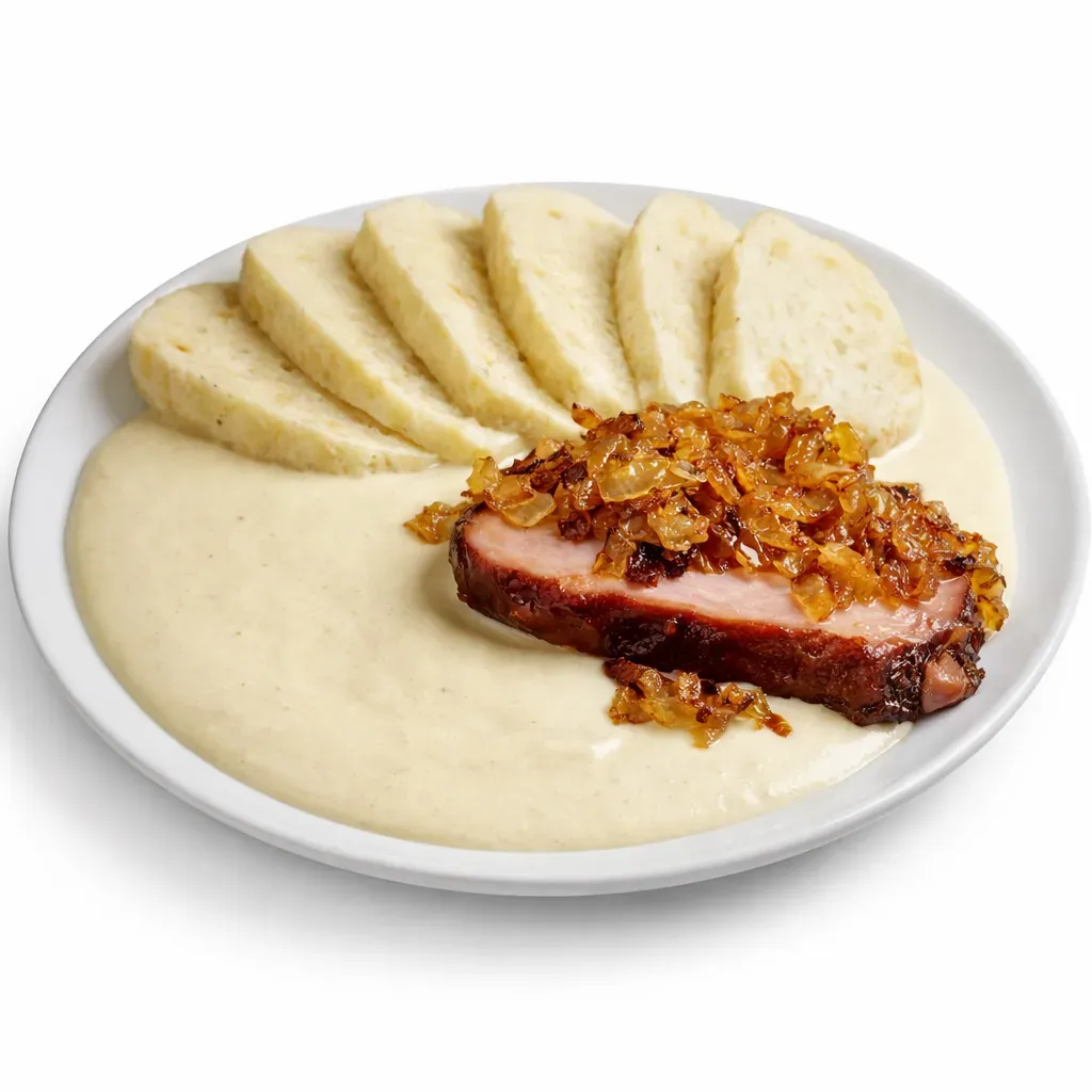 A traditional Czech dish featuring tender smoked pork neck served with a rich horseradish sauce, crispy onions, and bread dumplings, perfect for family gatherings.