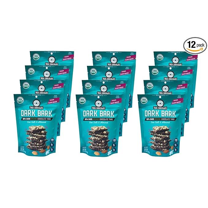 Taza Chocolate Organic Sea Salt & Almond Dark Chocolate Bark Thins are a delicious and indulgent treat made with high-quality ingredients. Each bark thin is made with 80% cocoa, giving it a rich and intense chocolate flavor.