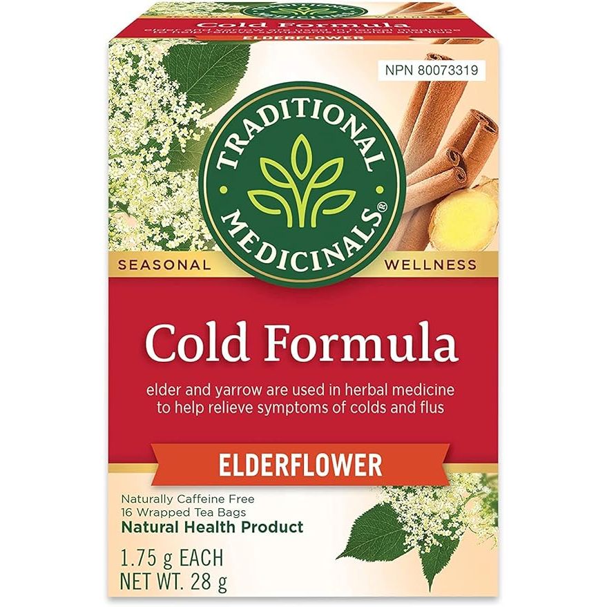 Traditional Medicinals Cold Formula is a popular herbal tea blend designed to support the immune system and address symptoms of the common cold. Each box contains 16 tea bags, conveniently packaged for easy brewing.