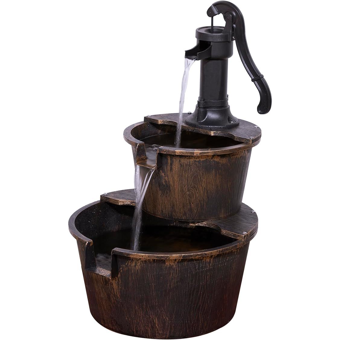The Alpine Corporation TIZ194BZ Outdoor Floor Rustic 2-Tiered Barrel and Pump Water Fountain is a charming addition to any outdoor space. With its old-fashioned design, this fountain adds a rustic touch to your garden or patio. Standing at 27 inches tall, it is the perfect size for smaller outdoor areas while still making a statement.