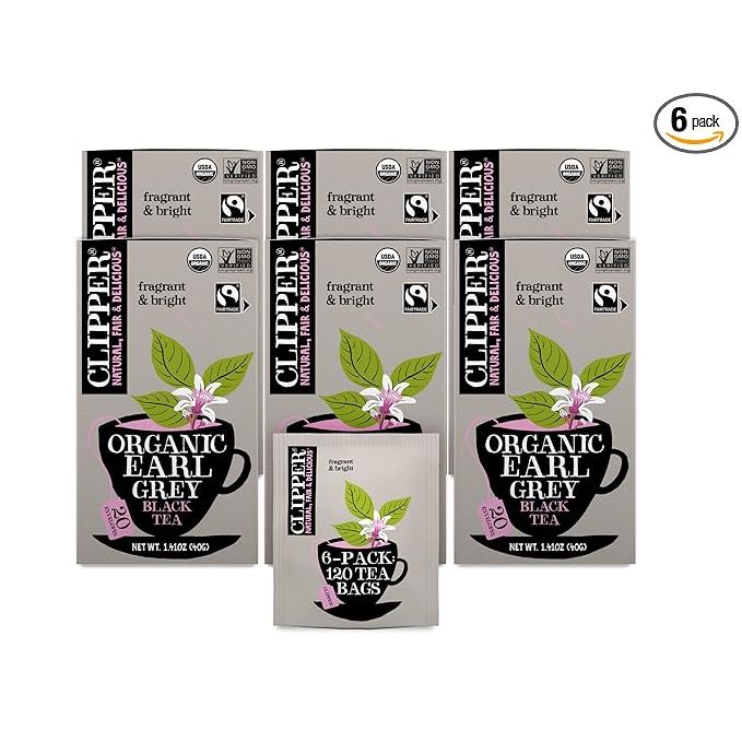 Clipper Tea Earl Grey Organic Tea with Citrus Bergamot is a premium black tea product that is both caffeinated and plant-based. This British tea comes in a convenient 6-pack, containing a total of 120 unbleached tea bags.