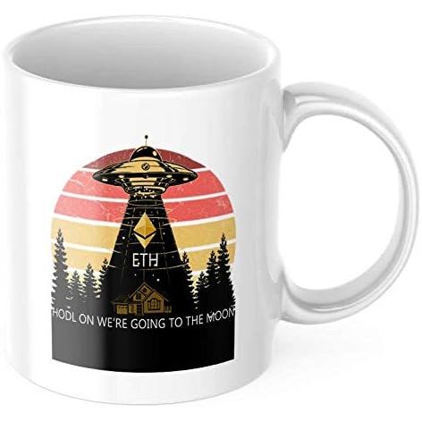 The HODL "We're Going to the Moon" Mug is a fun and quirky coffee mug designed for cryptocurrency enthusiasts, specifically those interested in Ethereum and Bitcoin.