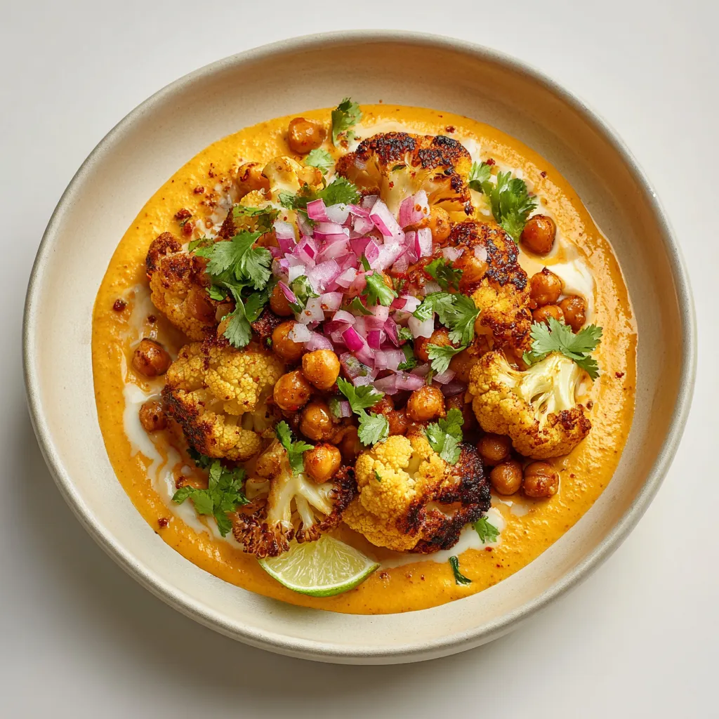 A high-protein meal infused with South Asian spices, featuring pan-fried spiced cauliflower and chickpeas over a creamy yogurt and cheese sauce, topped with fresh garnishes.