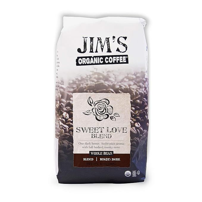 Jim's Organic Coffee Sweet Love Blend is a dark roast whole bean coffee known for its bold flavor and smooth finish. It is made with 100% Arabica beans sourced from organic and fair-trade certified farms around the world. The beans are roasted in small batches to ensure maximum freshness and quality.