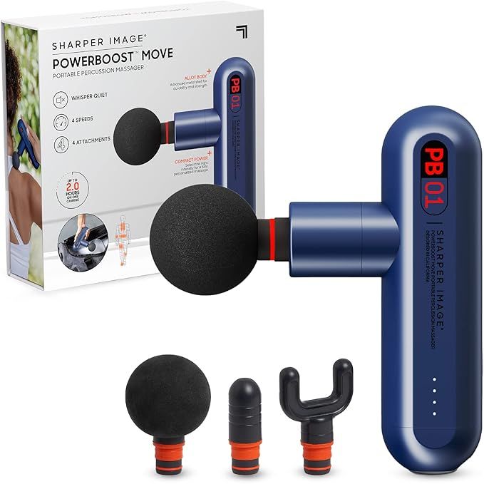 The Sharper Image Deep Tissue Portable Percussion Massage Gun is a handheld rechargeable electric massage gun designed to provide deep tissue massage to help relieve muscle tension and soreness.
