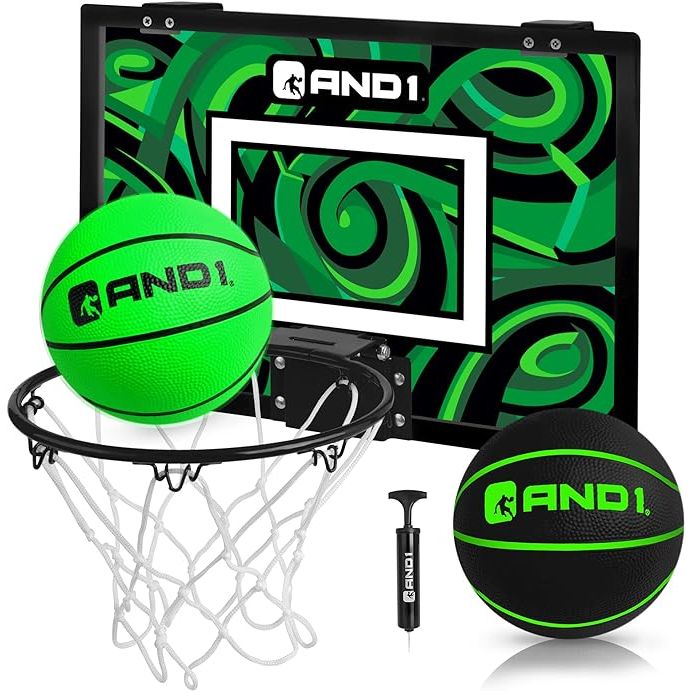 The AND1 Over the Door Mini Basketball Hoop is a convenient and easy-to-install accessory for indoor basketball fun. The 18x12 shatterproof backboard provides a durable surface for shooting hoops while the 2 mini basketballs and hand pump included allow for immediate play right out of the box.