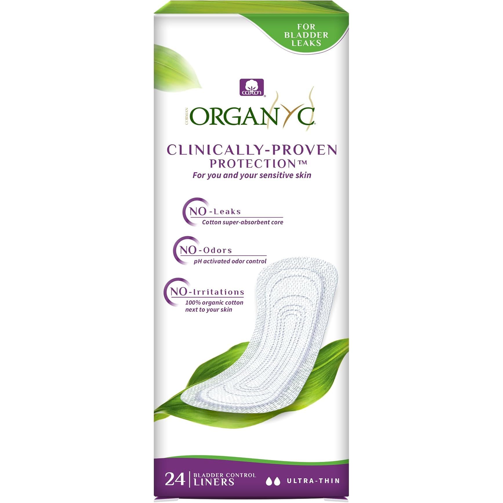 Organyc 100% Organic Cotton Light Incontinence Liners are specifically designed for individuals experiencing bladder leakage control issues. These liners are made from 100% organic cotton, making them safe and gentle on the skin. They are free from synthetic materials and chemicals, ideal for those with sensitive skin or allergies.