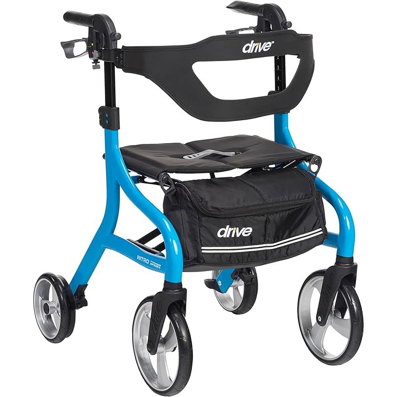 The Drive Medical Nitro Sprint Foldable Rollator Walker with Seat is a standard height lightweight rollator designed to provide support and mobility for individuals with difficulty walking. It features large wheels that make it easy to maneuver over various types of terrain, both indoors and outdoors.