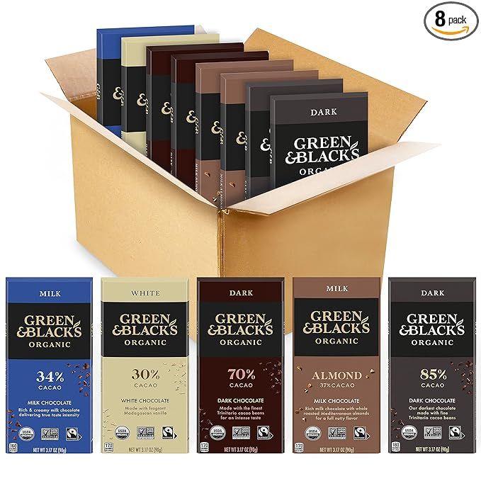 The Green & Black’s Organic Chocolate Gift Set Variety Pack includes 8 bars of high-quality organic chocolates in a variety of flavors. The set includes 85% Dark Chocolate, 70% Dark Chocolate, Milk Chocolate with Almonds, Milk Chocolate, and White Chocolate. Each bar is 3.