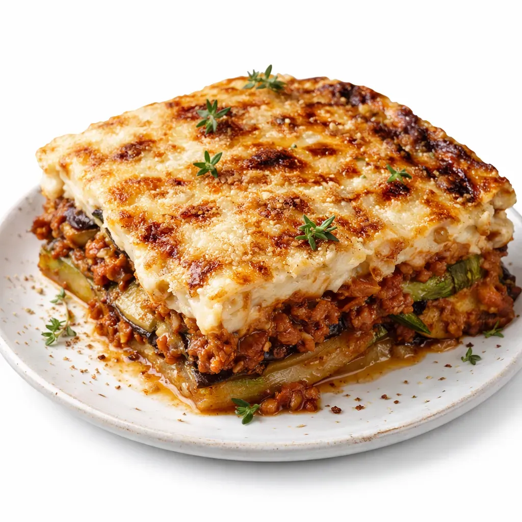 Experience classic Greek flavors with a lighter baked Moussaka, combining layers of vegetables, a savory ground beef sauce, and a creamy béchamel topping.