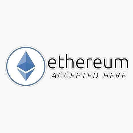 Ethereum Accepted Here - Accept Ethereum Vinyl Sticker Bumper Decal Waterproof 5"** is a waterproof vinyl sticker designed to be placed on surfaces, such as a bumper, to indicate that Ethereum is accepted as a form of payment. The sticker is 5 inches in size and features a bold, eye-catching design that is easy to read.