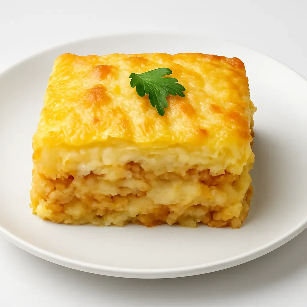 A delightful Caribbean dish featuring layers of creamy mashed potatoes and a flavorful sautéed saltfish filling, topped with cheddar cheese for a golden crust.