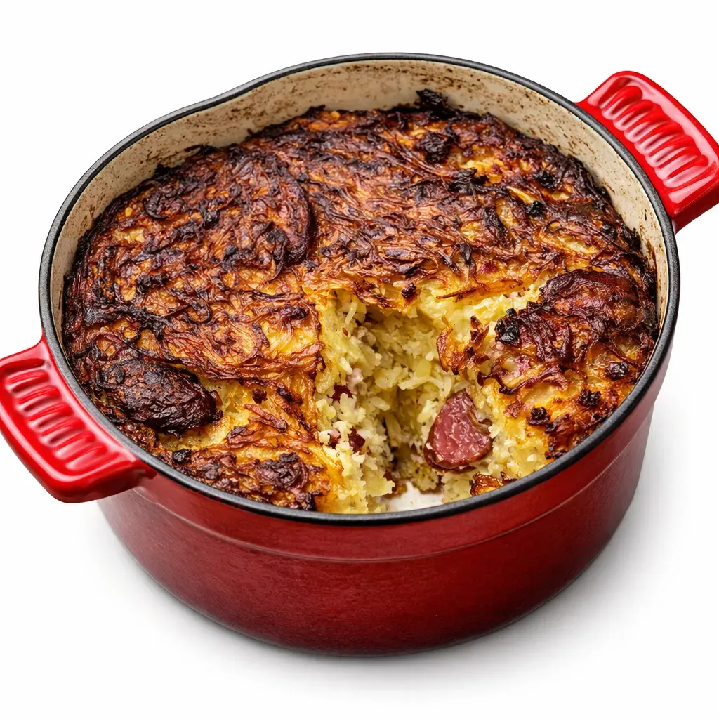 Döbbekoche is a hearty and rustic potato cake originating from Germany, featuring thinly sliced potatoes, smoked bacon, and onions layered and baked to perfection. The potatoes absorb the smoky flavor of the bacon and the sweetness of the onions, creating a rich and satisfying dish.