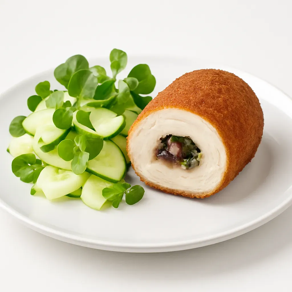 An innovative twist on the traditional De Volaille featuring crispy breaded chicken cutlets filled with savory pepper butter and served alongside a refreshing kohlrabi and cucumber salad.