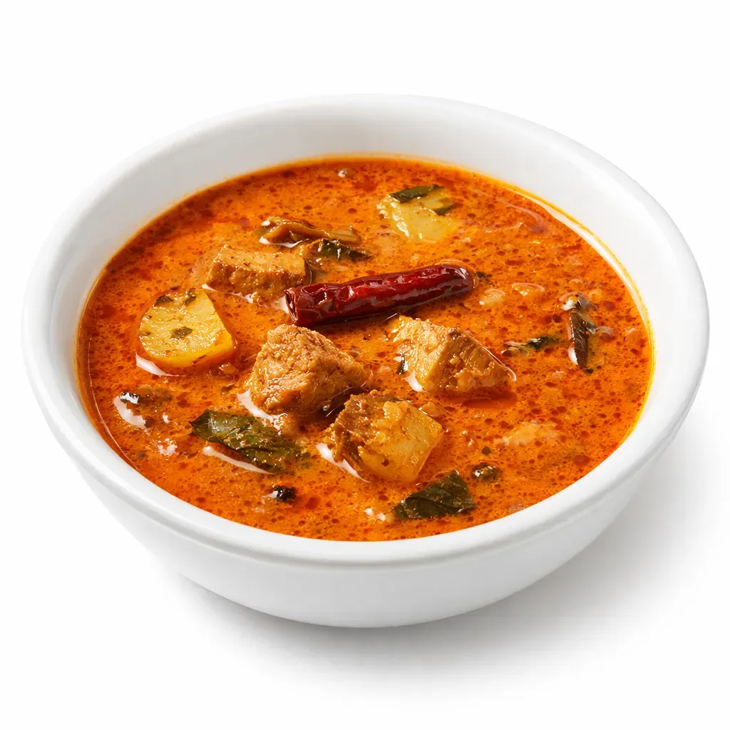 A vibrant and aromatic dish showcasing tender smoked tuna in a rich coconut milk curry, perfect for an exotic culinary experience.