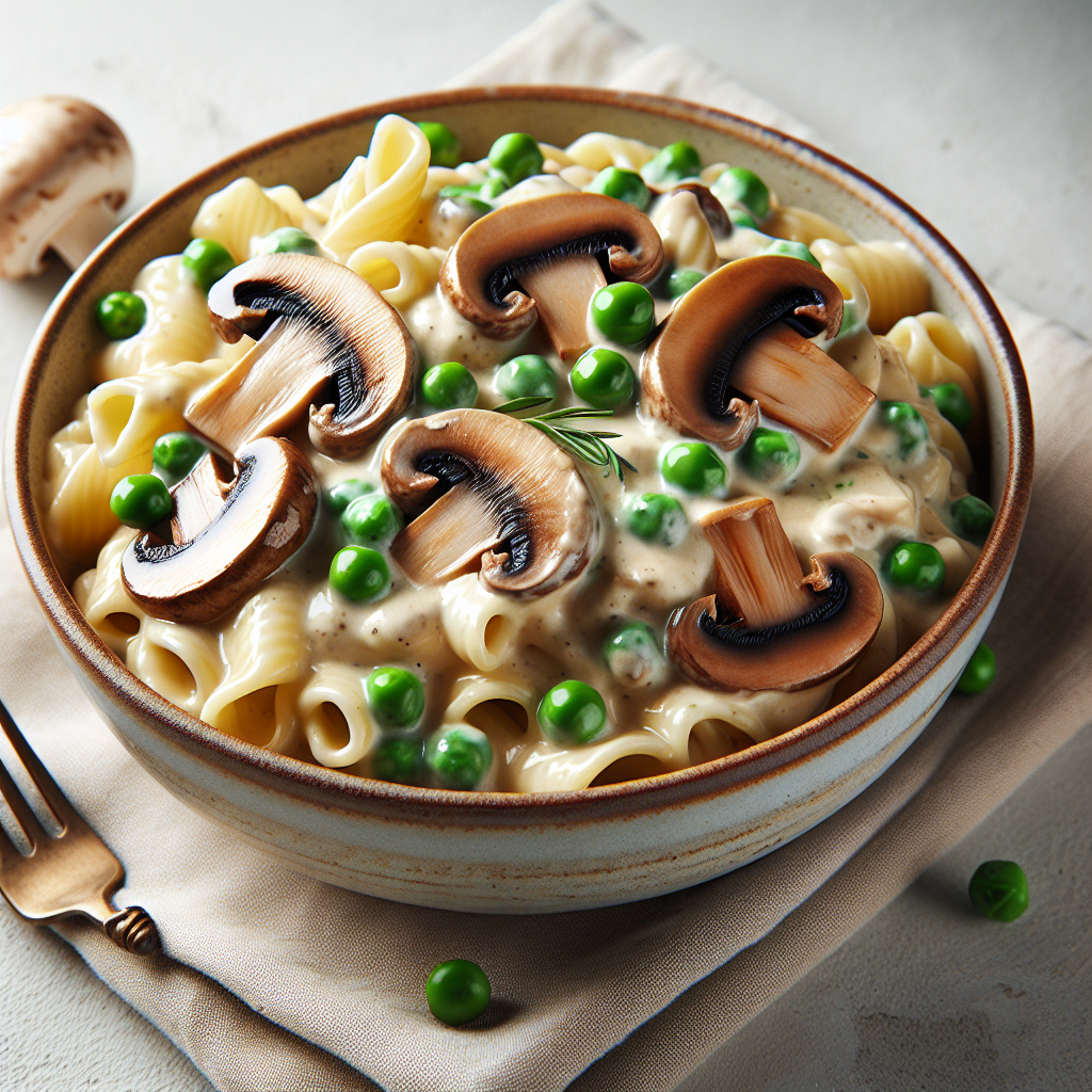 Creamy Pasta with Mushrooms and Peas is a rich and comforting vegetarian pasta dish featuring a creamy sauce, savory mushrooms, and sweet green peas. The dish begins with sautéed aromatic garlic and onions, to which sliced mushrooms are added and cooked until browned.